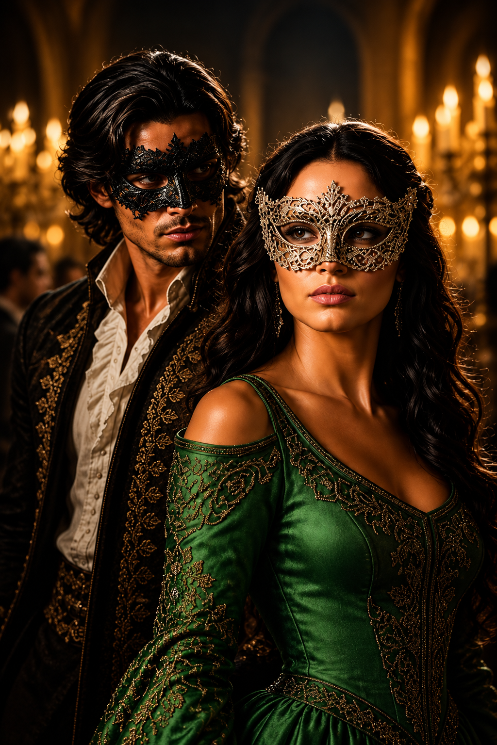 A masked couple in a candlelit ballroom