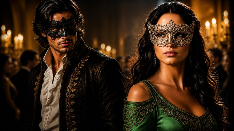 A masked couple in a candlelit ballroom
