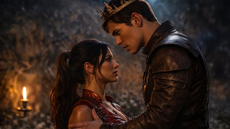 A crowned alpha king and a dark haired woman face to face by candlelight